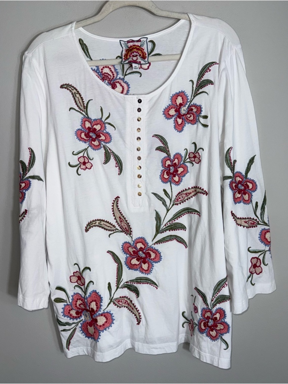 Johnny Was Cotton Embroidered Top Blouse-Long Sleeve-White Floral-Size XXL